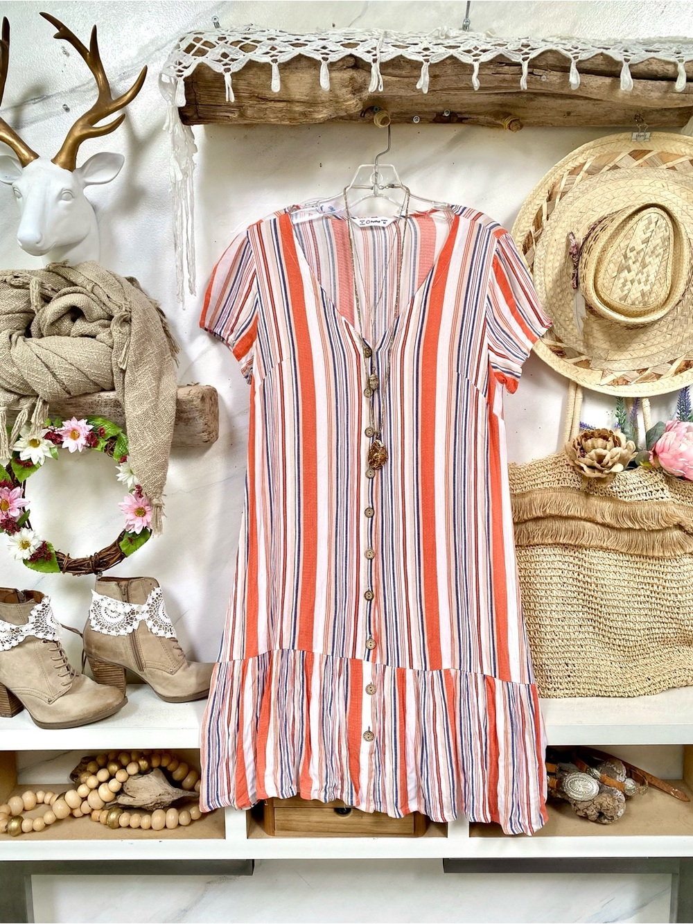 Cottagecore boho stripe dress w vacay resort beach shabby chic feel